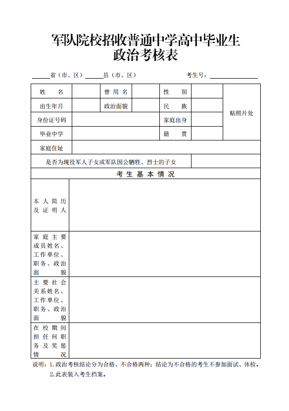 2021年云南军队院校招收普通中学高中毕业生政治考核表