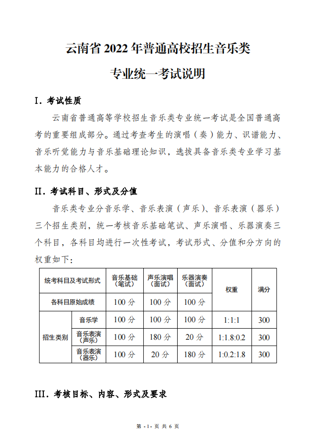 2022年云南省普通高校招生音乐类专业统一考试说明