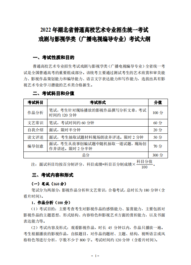 2022年湖北省艺术统考（广播电视编导专业）考试大纲