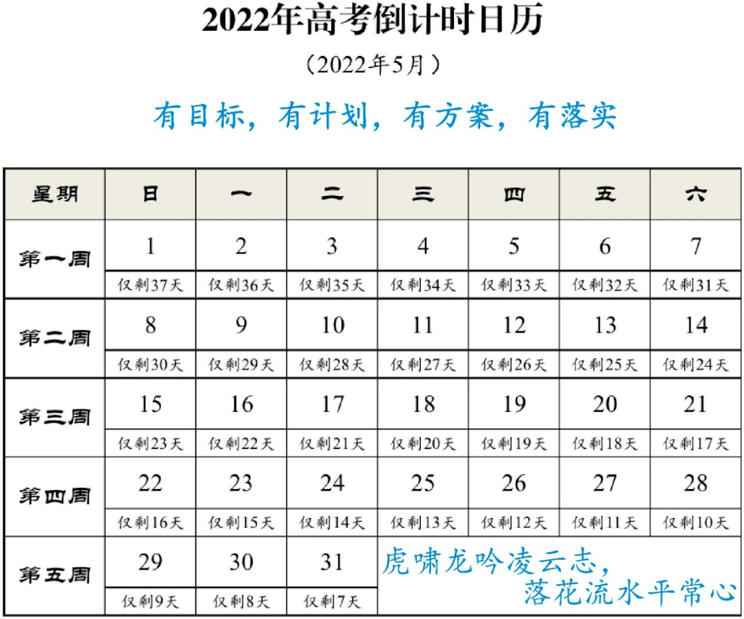 2022年高考倒计时日历 2022年高考倒计时日历